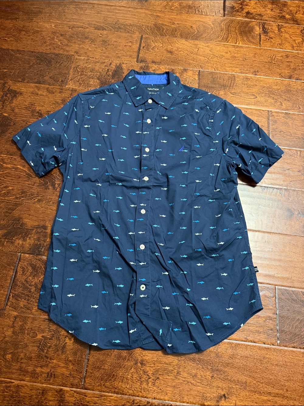 Nautica Navy Short Sleeve Button-Down Shirt with Shark Print